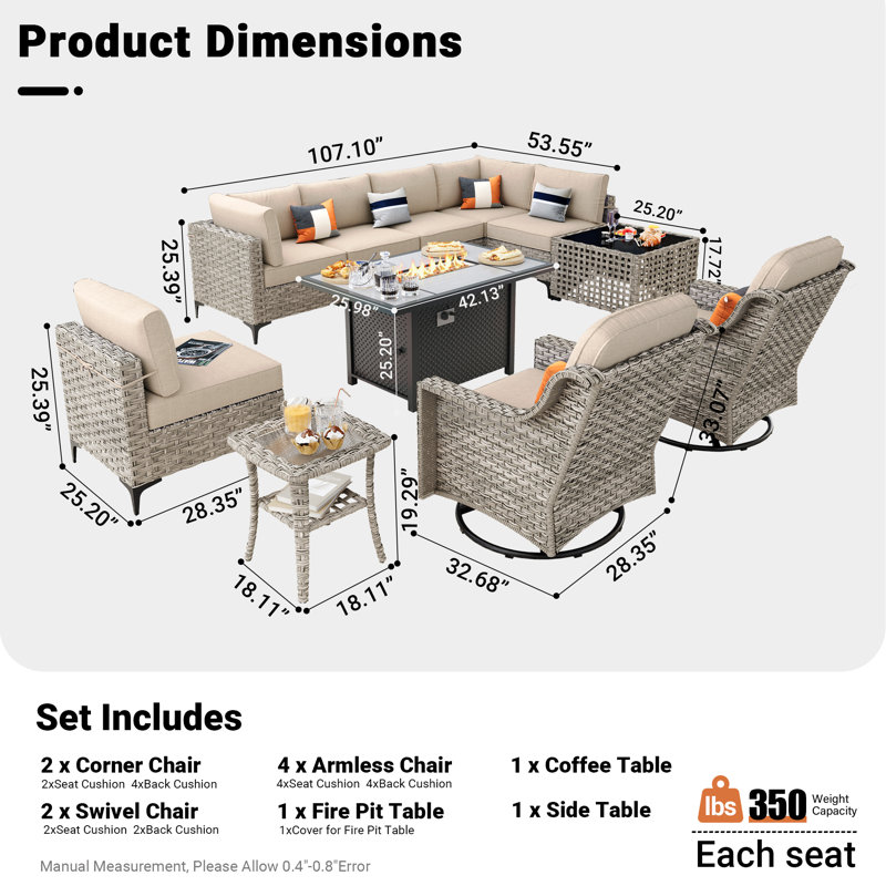 Ensemble de conversation modulaire en osier avec coussins 11 pièces Emroy, Beige, Oui