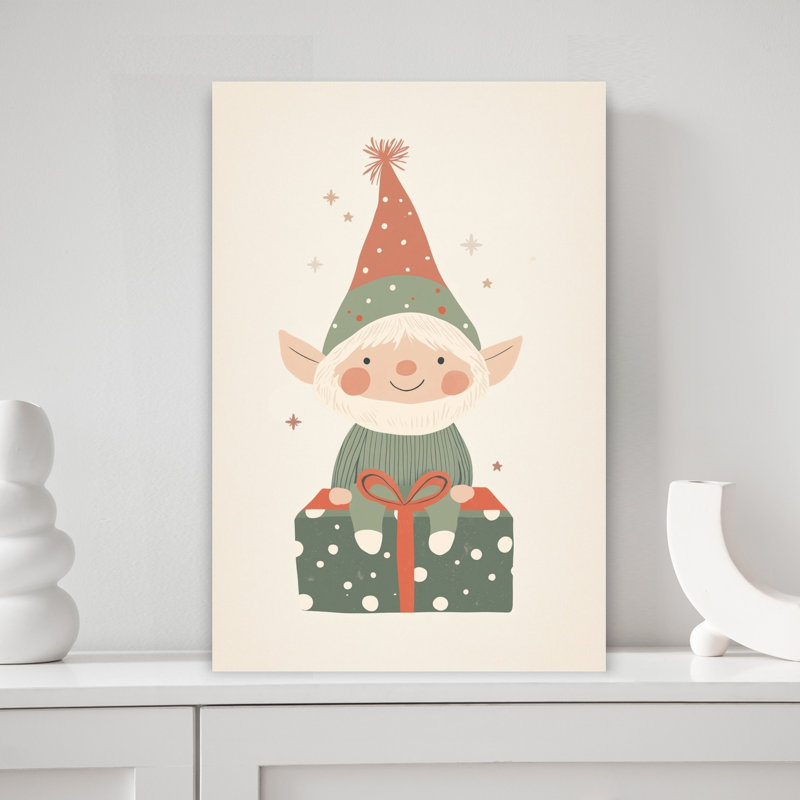 Happy Christmas Gnome Whimsical Abstract Contemporary Winter Landscape Wall Art Print by Mathieu - Wrapped Canvas Print
