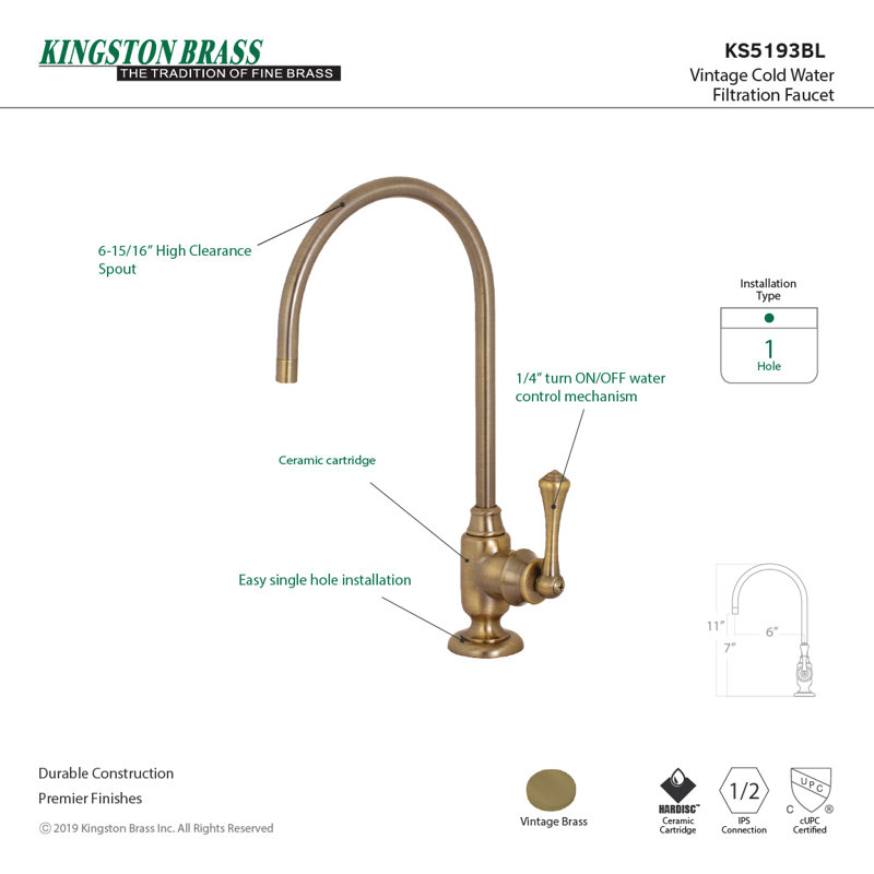 Robinet de filtration d'eau 1 trou à fixation sur le comptoir Kingston, Laiton rétro