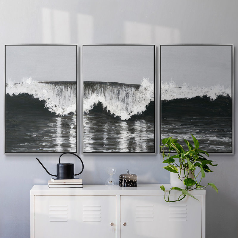 Black & White Waves II - Toile encadrée multi-pièces, H 36 po x l 75 po, Encadrement argenté
