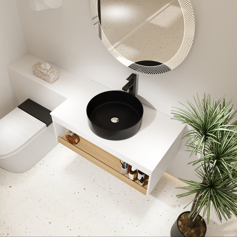 Meuble-lavabo flottant avec lavabo vasque rond noir et tablette ouverte, 36"