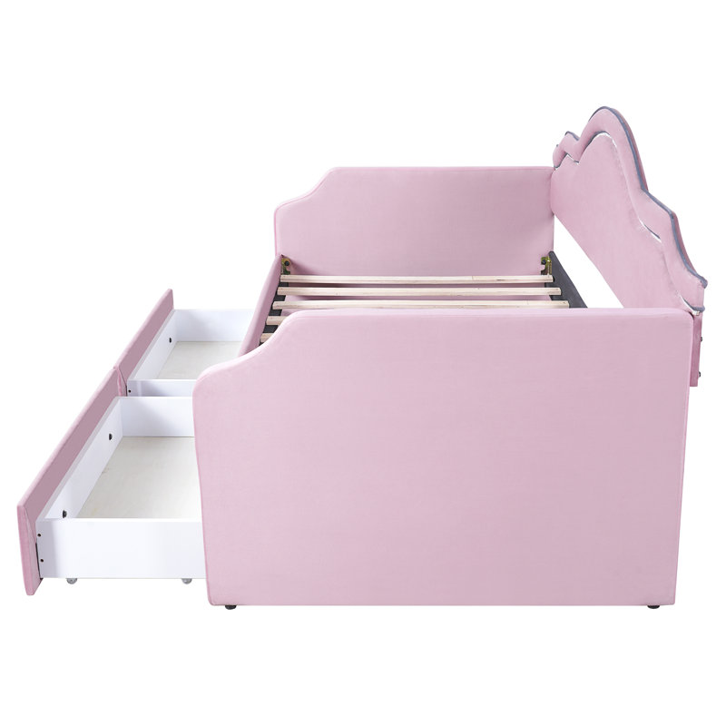 Lit de jour simple rembourré avec dossier à DEL et 2 tiroirs de rangement, plateforme en velours, aucun sommier requis, rose