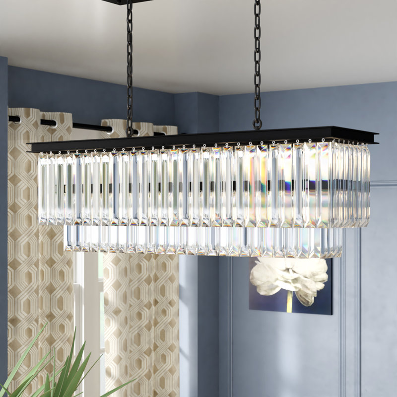 Luminaire suspendu pour îlot de cuisine à 12 lumières Yazmin, Transparent, H 18 po x l 40 po x P 14 po, Noir mat