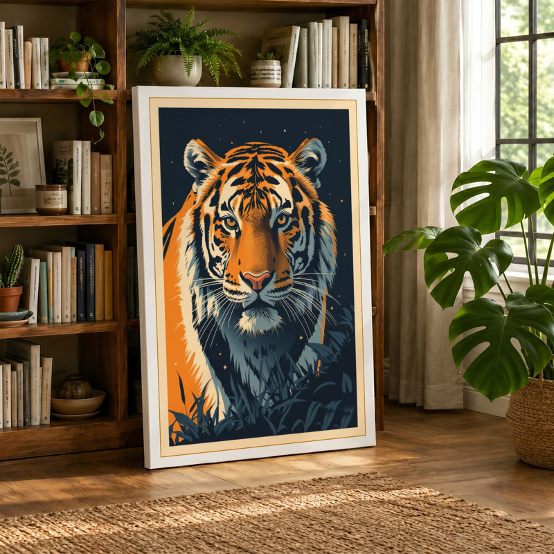 Tiger in Night Japandi - Wrapped Canvas, 18x12 - 45.7 x 30.5 cm, Cream Border