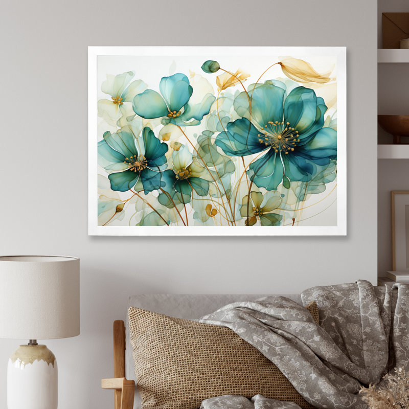 «Teal Green Organic croissance - Abstract Botanicals», art mural, H 34 po x l 44 po x P 1,5 po, Cadre simple blanc