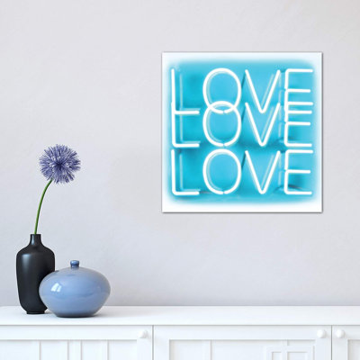 Neon Love Love Love Aqua on White 1 Piece Wrapped Canvas Wall Art