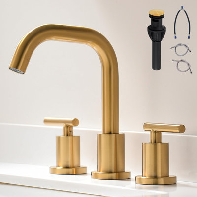 Robinet de salle de bain en or brossé pour lavabo à 3 trous, robinet de meuble-lavabo avec bec pivotant à 360 ° et robinet à 2 poignées avec drain et tuyaux d'alimentation