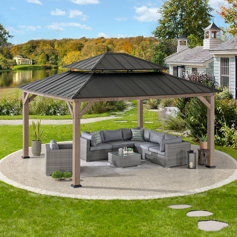 Sunjoy 13 ft. x 15 ft. Cedar Framed Gazebo with Steel 2-tier Hip Roof Hard Top(incomplete box 2 and 5 )