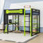 Lit mezzanine double avec bureau, lumière DEL RVB, station de charge, tablettes et panneau perforé-1039640364