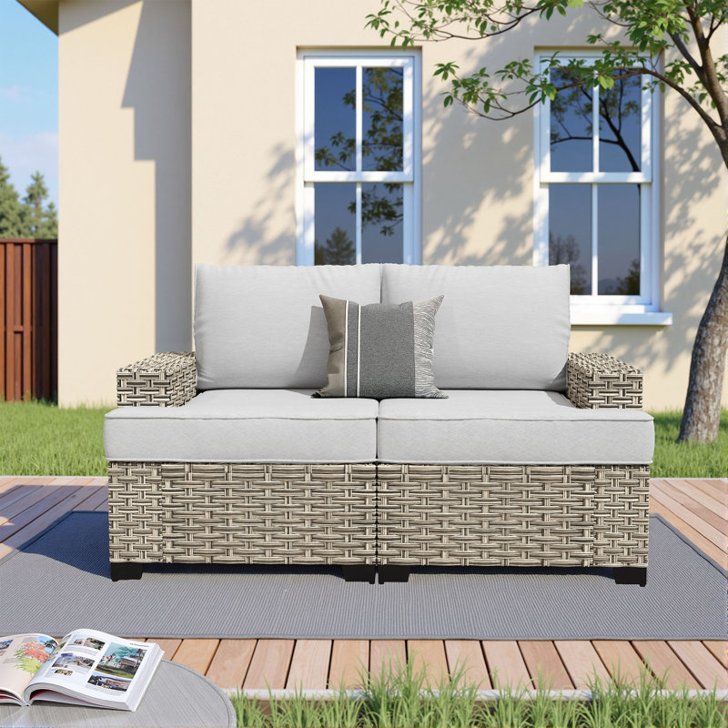 59" Wide Outdoor Wicker Loveseat With Cushions, Modular Patio Sofa Seat With Left And Right Arm Sofa, Gray