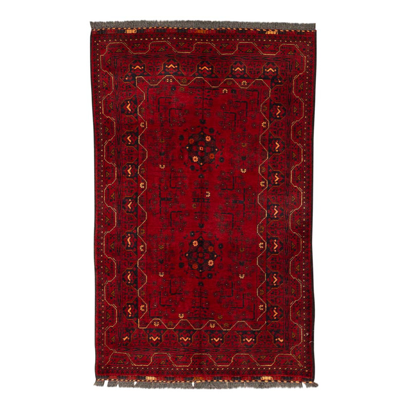 Tapis unique en laine noué à la main de 3 pi 2 po x 4 pi 11 po rouge / noir / or
