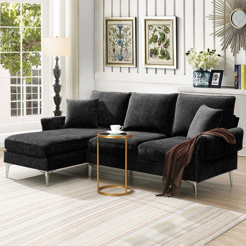 Canapé moderne en L en chenille avec salon réversible, Chenille noir