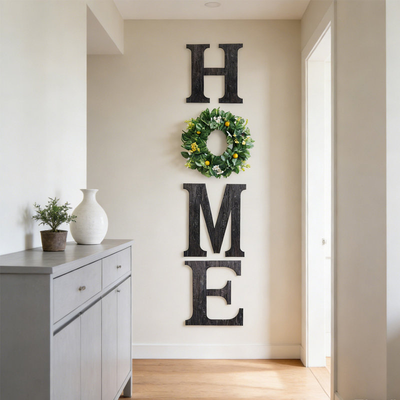 HOME Wood Letters With Artificial Flower Wreath Wall Front Door Decor, Wooden Decorative Sign Modern Farmhouse Decor Flower Garland Decoration Hanging For Entryway, Kitchen, Housewarming Present