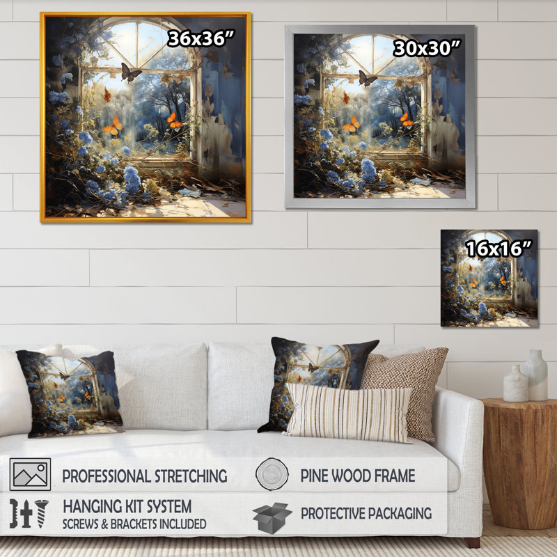 Cottage bleu ensoleillé papillon II - art mural papillon, Cadre flottant doré, H 36 po x l 36 po x P 1,5 po
