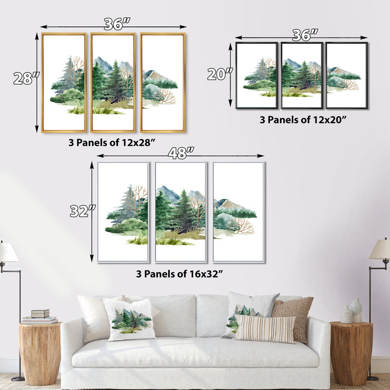 Nature Forest Lawn, Trees Bush Glade, Grass I - 3 Piece Painting on Canvas, Gold, 20" H x 36" W