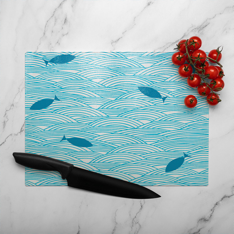 Waves & Fish Glass Chopping Board, 40cm L x 28cm W