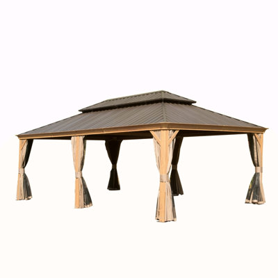 Abri de jardin à toit rigide 14 x 24 pi, abri de jardin extérieur avec double toit en acier galvanisé, structure en aluminium, système de gouttière intégrée, rideau et filet, pavillon de jardin en métal pour terrasse de jardin