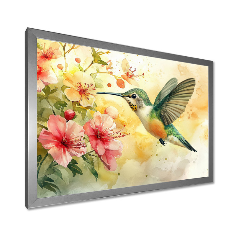 Colibri en vol I - oiseau, art mural, H 16 po x l 32 po, Avec cadre, Argent argent