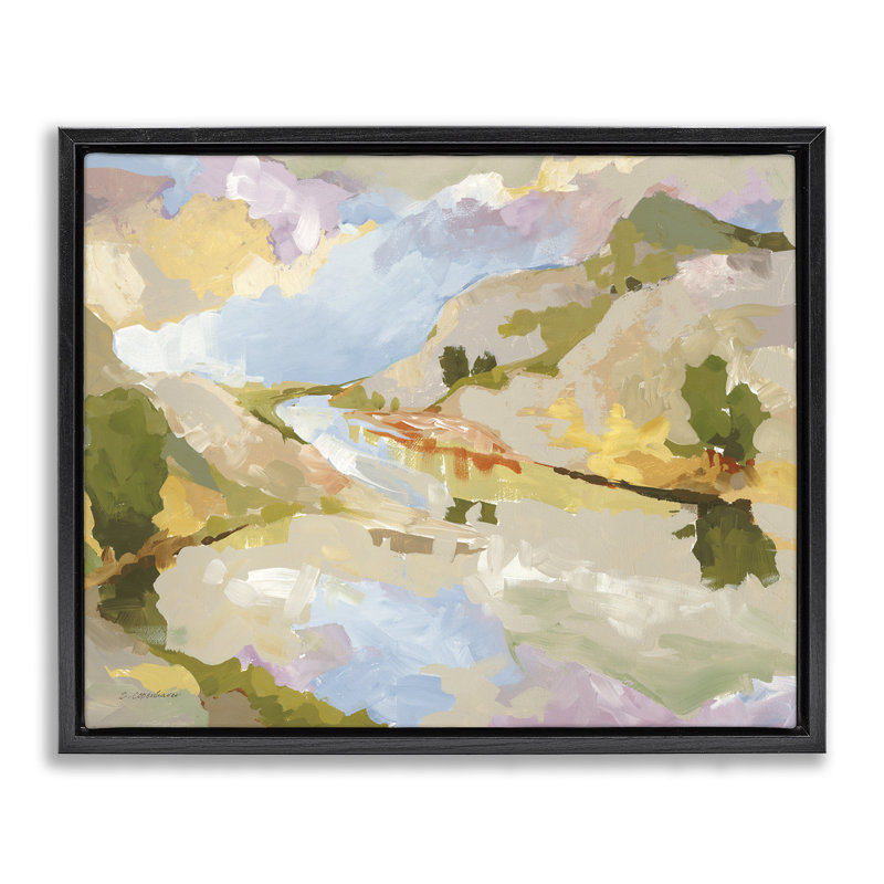 Peinture abstraite à reflet de montagne, H 25 po x l 31 po, Cadre flottant noir de jais