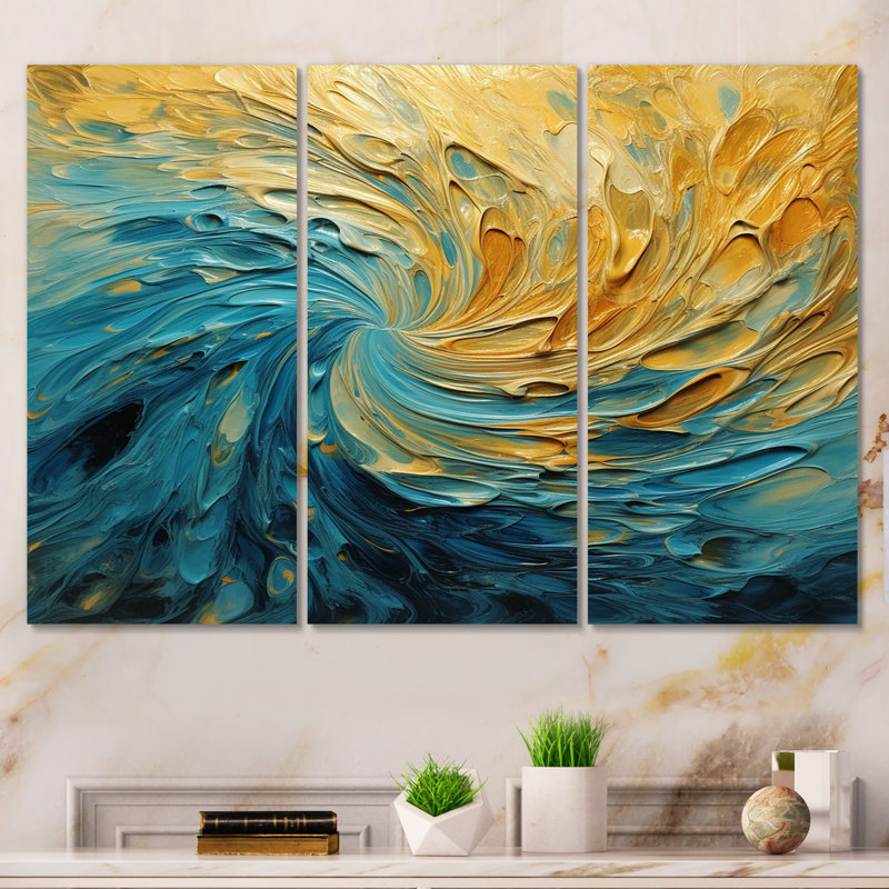 «Golden Ocean Swirling Waves», peinture 3 pièces, H 28 po x l 36 po x P 1 po