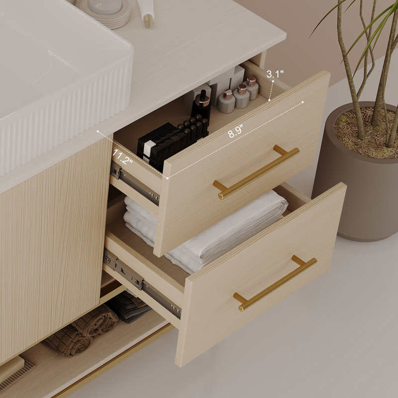 Meuble-lavabo autoportant 36 po avec lavabo en céramique et plateau en pierre frittée 36 po, meuble-lavabo en bois et or pour la salle de bain
