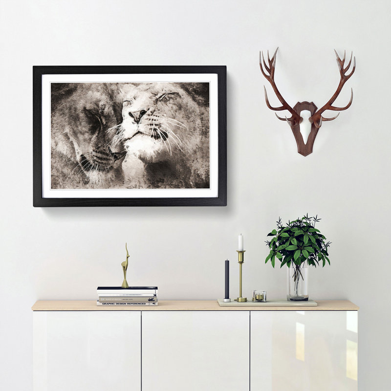 Pair of Loving Lions - Picture Frame Graphic Art Print, Black Framed, 36cm H x 48cm W x 2cm D