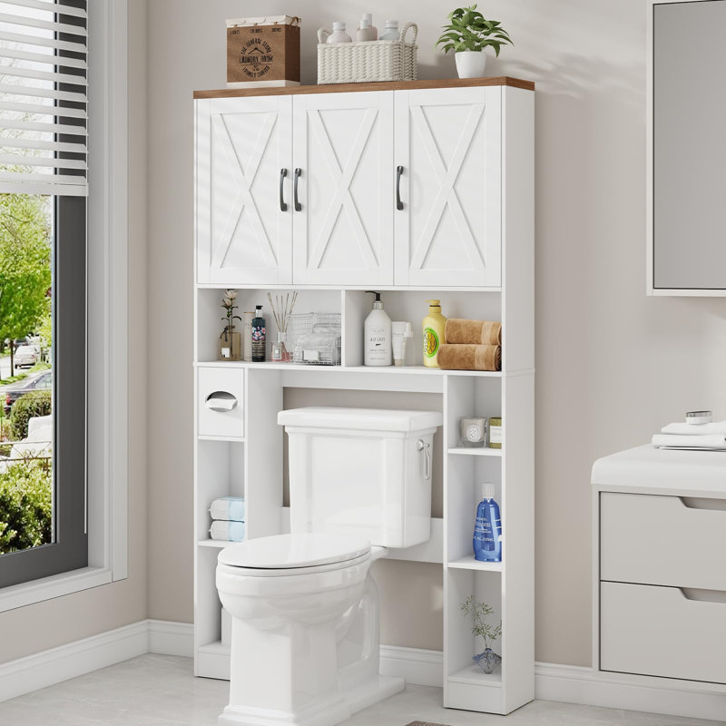 Over The Toilet Storage Cabinet With 3 Barn Doors Toilet Paper Holder, White