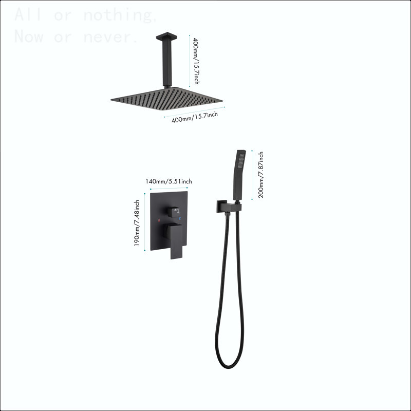 Système de douche à effet pluie de 16 pouces au plafond avec douchette, Noir mat