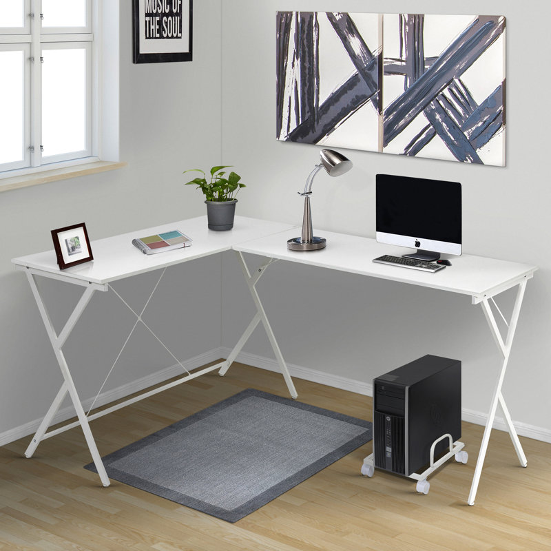 Bureau moderne en forme de L blanc avec support flexible pour ordinateur en L