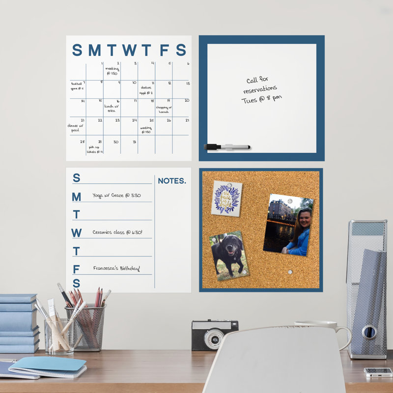 Blue and White Dry Erase Calendar Kit with Cork Board