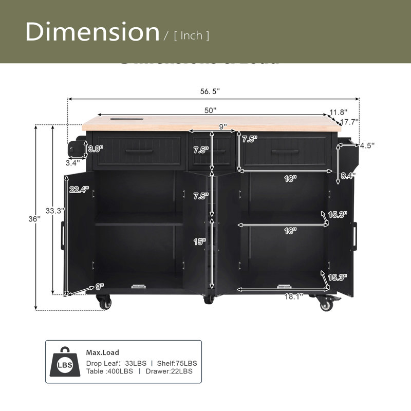 56.5'' Kitchen Island With Drop Leaf, Power Outlet, Embossed Vertical Stripe Rolling Kitchen Cart On Wheels With 4 Doors