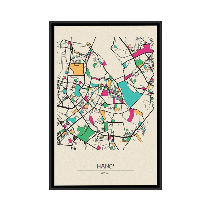 Hanoi, Vietnam Map by Ayse Deniz Akerman - Floater Frame Print on Canvas