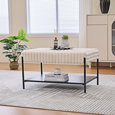 Upholstered Ottoman Footstool With Open Storage Shelf