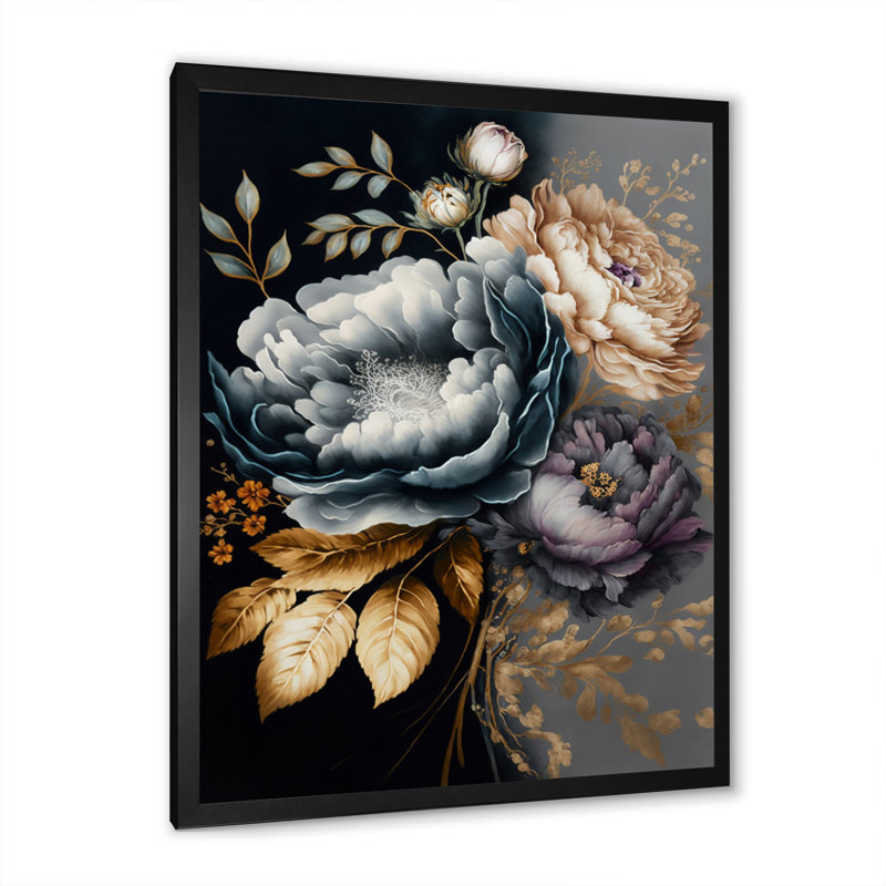 Bouquet de fleurs bleues IV - Impression sur toile, Cadre photo noir, H 20 po x l 12 po x P 1 po