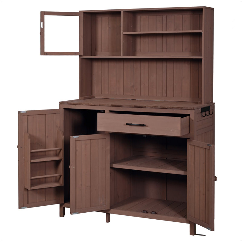 Potting Bench with Hutch, 65" H Solid Fir Wood Garden Workstation, Large Countertop, Patio Kitchen Island with Adjustable Shelves, Spice Rack, Side Hook and Drawer