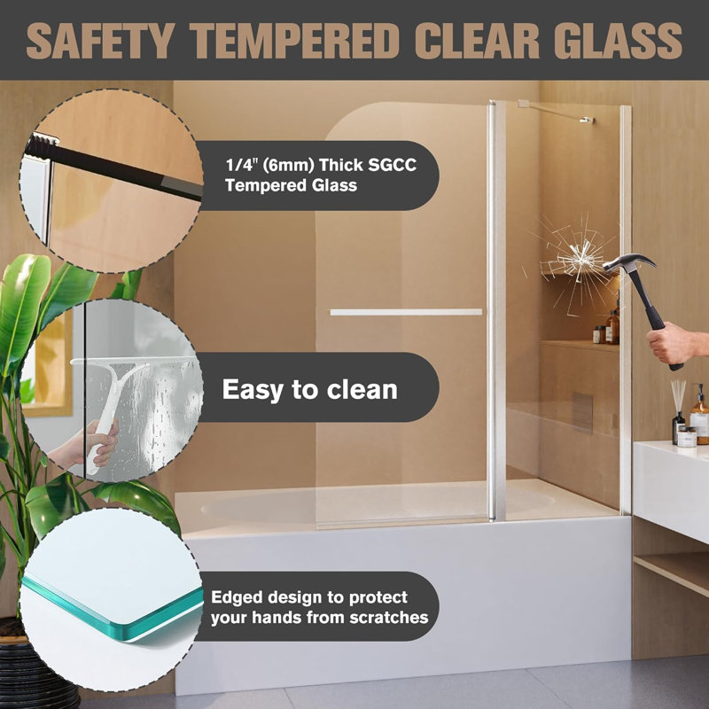 43 In X 58 In Tub Shower Door Panel, Frameless & Foldable Bathtub Glass Shower Door,180° Rotatable Pivot Glass Door Screen With 1/4" Thick Sgcc Tempered Glass