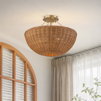 3-Light Boho Coastal Woven Rattan Basket Shade Semi Flush Mount
