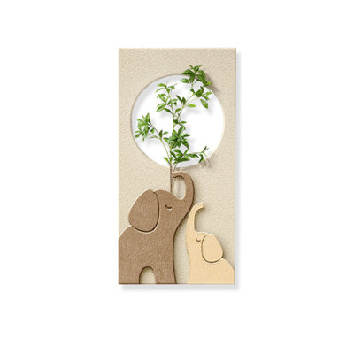 Décoration murale rectangulaire grès éléphant parent-enfant avec feuilles vertes simulées pour entrée