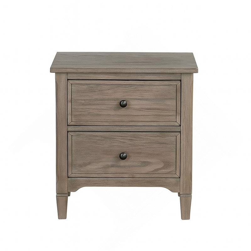 2-Drawer Nightstand With Round Bronze Pull Knobs, Wire-Brushed Warm Gray