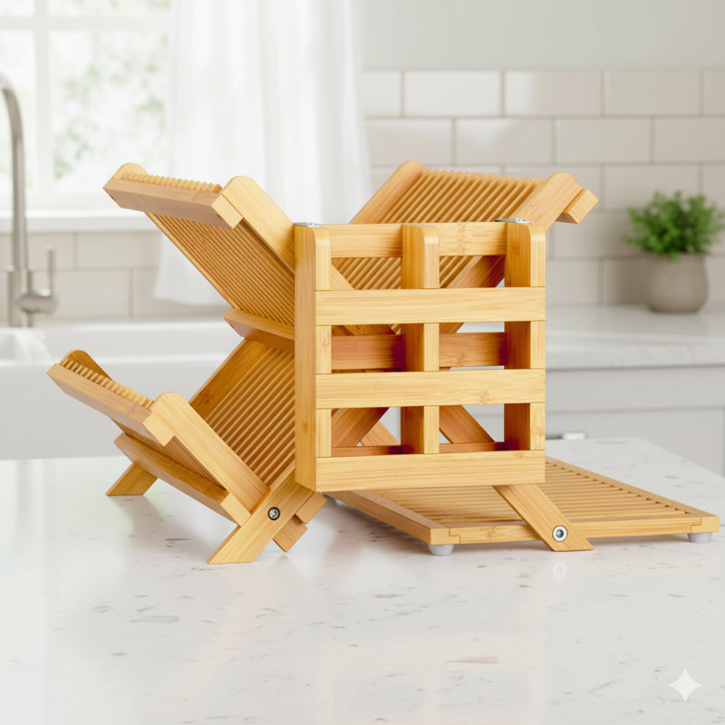 Égouttoir à vaisselle en bambou avec porte-ustensiles, égouttoir à vaisselle pliable à 3 niveaux, égouttoirs à vaisselle en bois pour comptoir de cuisine, grand support de séchage pliant avec tapis de vaisselle absorbant