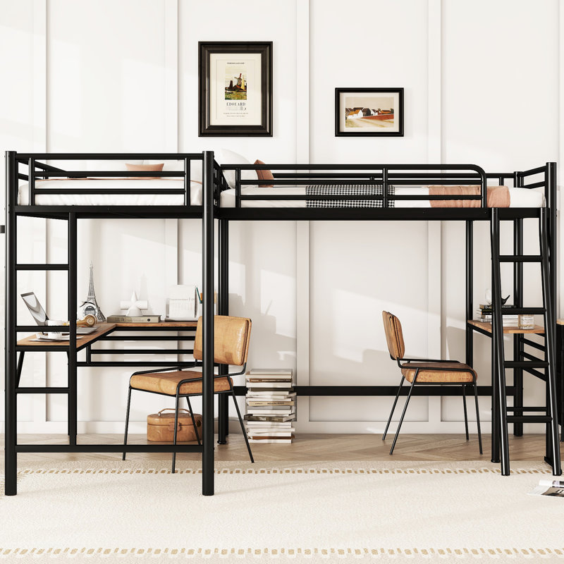 Lit simple en métal avec deux bureaux d'écriture de romans intégrés, noir - Chefs-d'œuvre littéraires dans la fabrication d'un loft - Bureaux de préparation