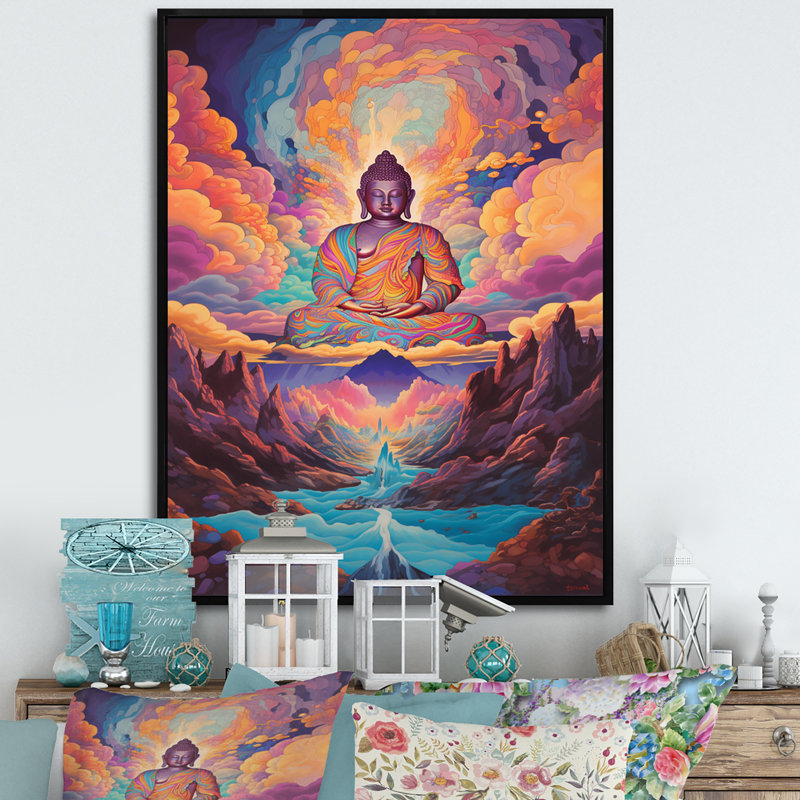 Bouddha psychédélique dans les montagnes - reproduction sur toile, H 44 po x l 34 po x P 1,5 po, Cadre flottant noir