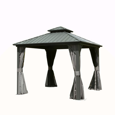 Pavillon de jardin à toit rigide de 10 pi x 10 pi, pavillon en métal et aluminium avec double toit en acier galvanisé, rideau et filet, pavillon de pavillon permanent pour patio, cour arrière, terrasse, pelouse