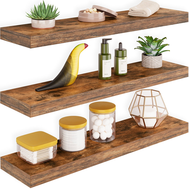 Sydney Floating Shelves, 24 inches Wood Wall Mount Shelves, Rustic Brown, 24 inches