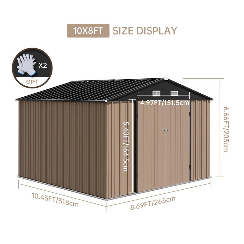 Galvanized Steel Horizontal Storage Shed, Brown, 79.92" H x 125.16" W x 104.28" D