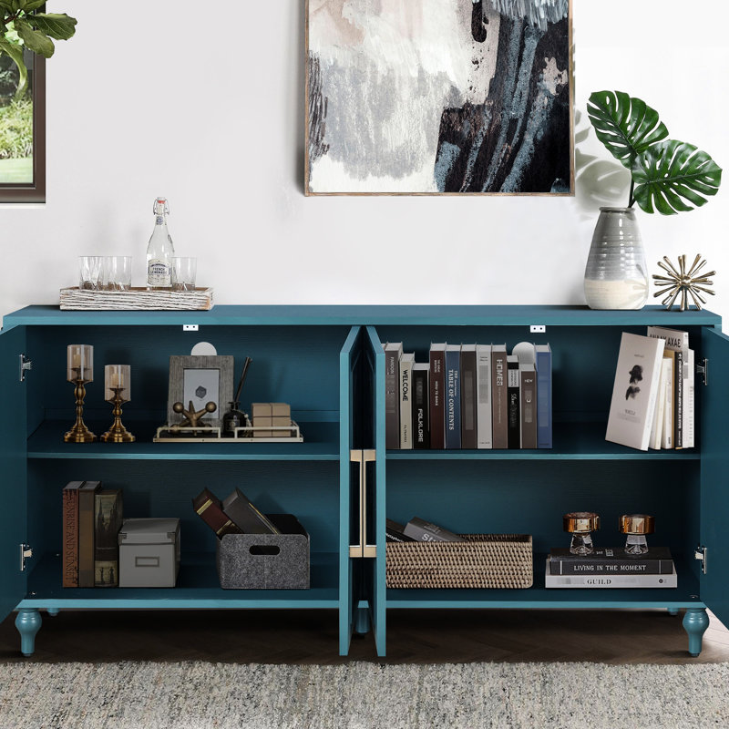 Console moderne avec poignée en métal et charmantes portes fleuries - armoire bleu marine 63 po