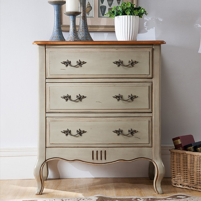 Commode d'appoint multifonctionnelle 3 tiroirs, Brun / blanc antique