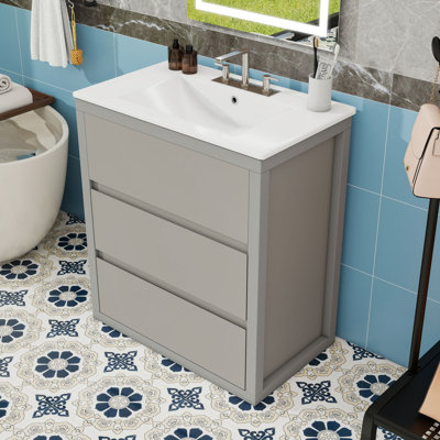 Meuble-lavabo compact avec lavabo en céramique, tiroirs à fermeture en douceur et conception sans poignée