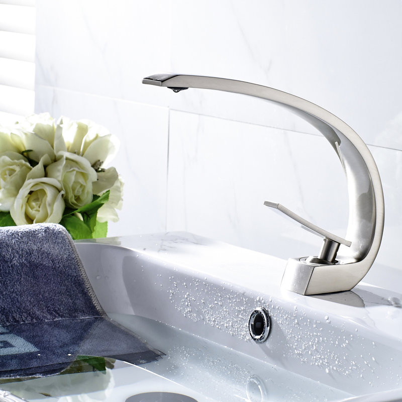 Robinet de salle de bain en nickel brossé - Lavabo moderne à un trou avec forme géométrique et valve de remplissage en céramique