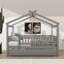 Lit double en bois avec conception en forme de maison, lit gigogne escamotable, structure de toit et barrière de sécurité-1206866287